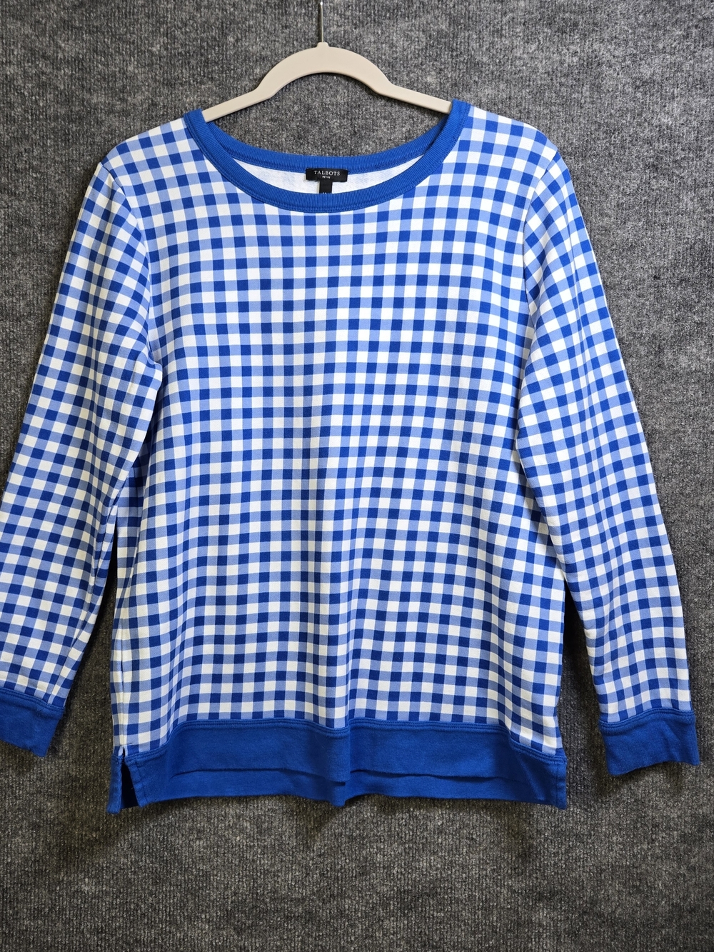 Talbots Pullover Womens M Petite Blue Gingham Soft Cotton Sweatshirt Preppy